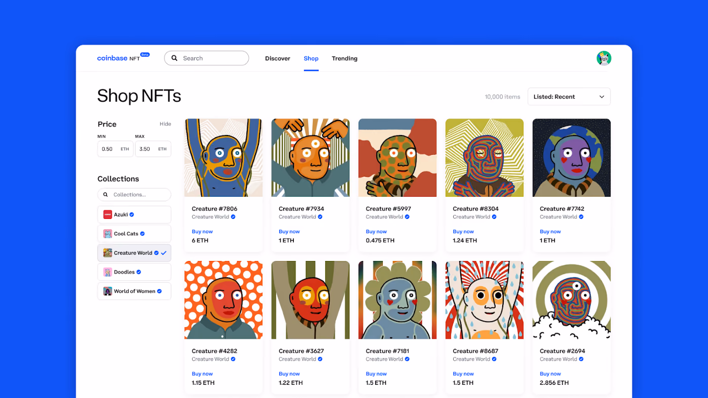 Coinbase's marketing image of the Coinbase NFT Shop NFTs page: price and collection filters beside a grid of NFTs