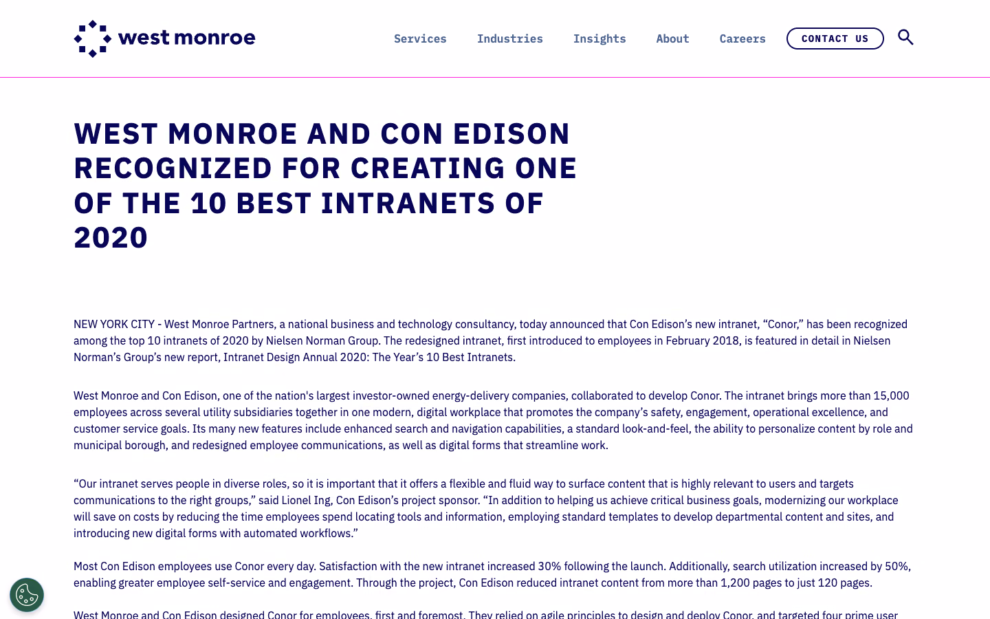 West Monroe press release: West Monroe and Con Edison recognized for creating one of the 10 best intranets of 2020