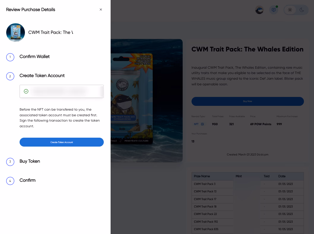 Reward purchase, step two of four: create the associated token account before the NFT can be sent; wallet and mints blurred