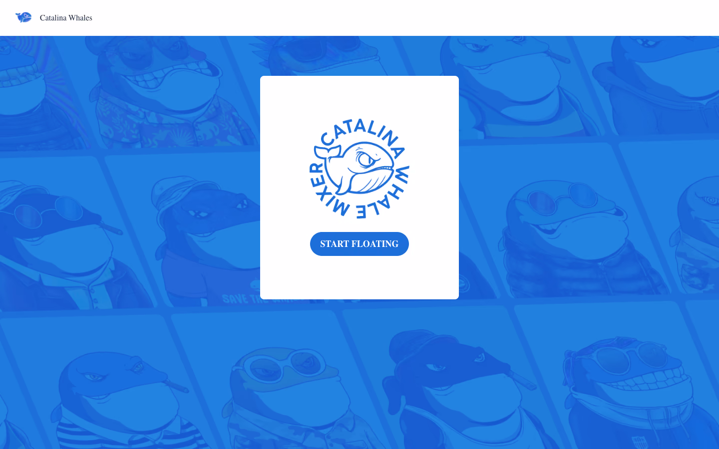 Archived Floating staking entry page from September 2022: the Catalina Whale Mixer badge and a Start Floating button over whale art