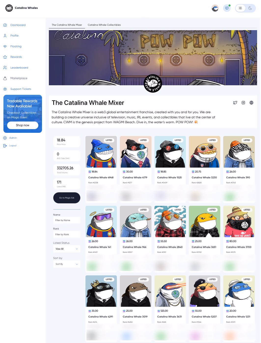 Catalina Whale Mixer marketplace: collection stats and filters beside a grid of listed whales with prices and ranks; owners and mint addresses blurred