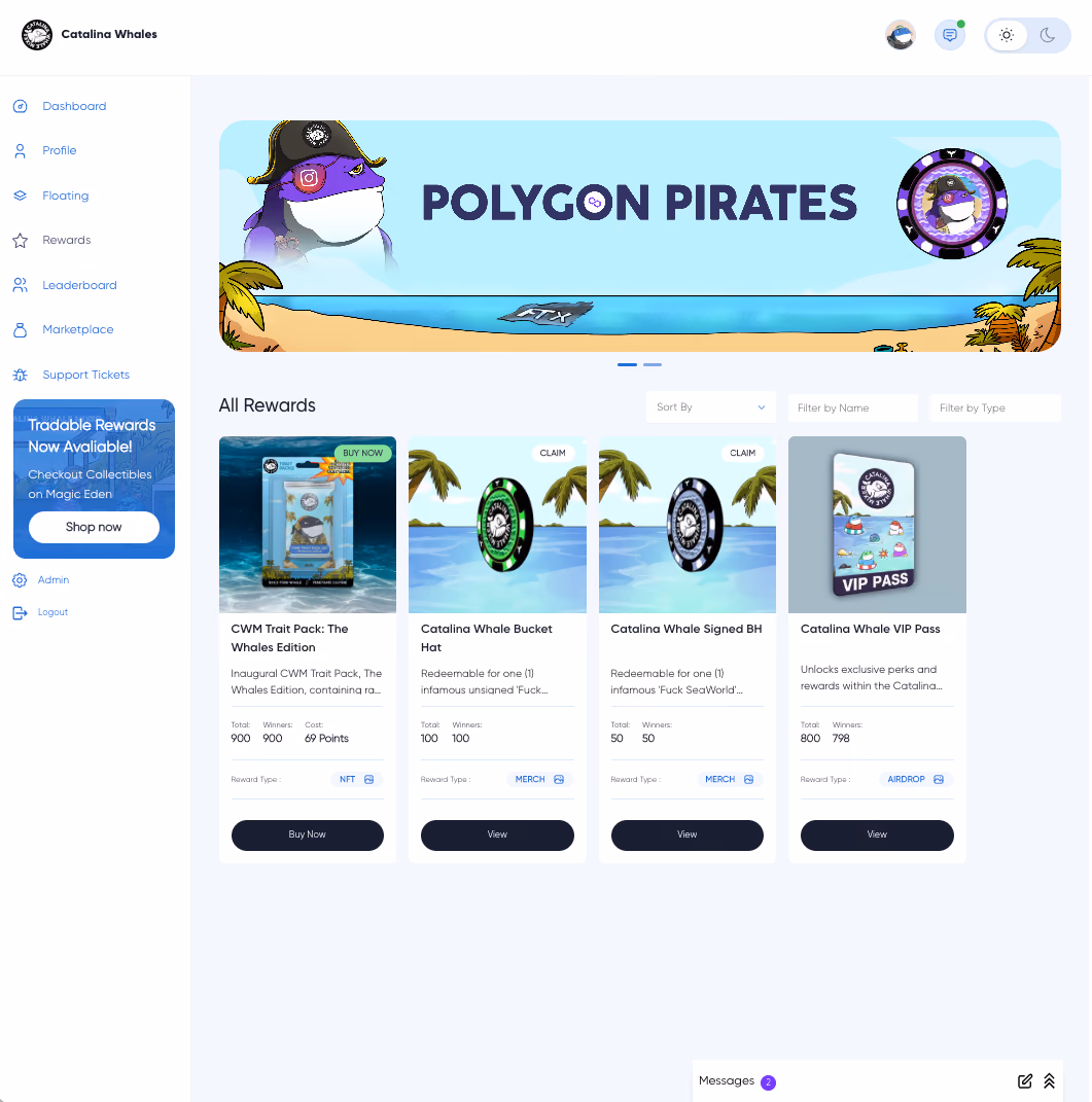 Catalina Whale Mixer rewards store: a pirate-themed banner above reward cards for an NFT trait pack, merch and a VIP pass airdrop