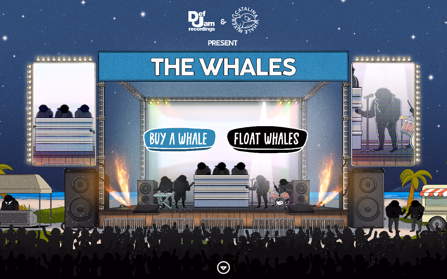 Archived The Whales site from March 2023: an illustrated festival stage with Buy a Whale and Float Whales buttons