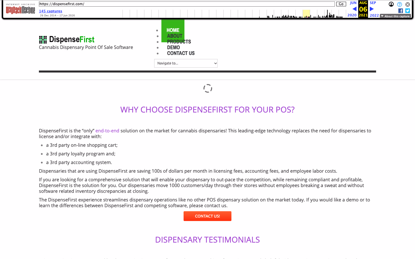 Archived DispenseFirst homepage from August 2021: Cannabis Dispensary Point of Sale Software, with the case for an all-in-one POS