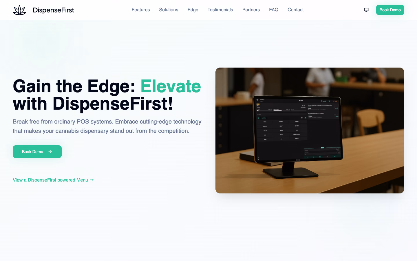 DispenseFirst home page today: "Gain the Edge: Elevate with DispenseFirst!" beside a point-of-sale screen on a counter