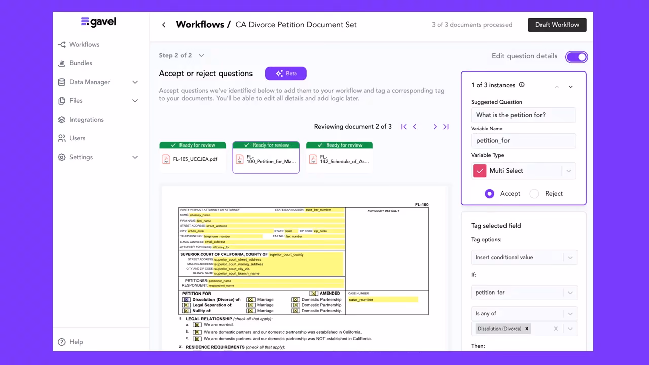 Gavel AI variable review: accept or reject a suggested question for a divorce-petition form, with the tagged fields highlighted on the PDF