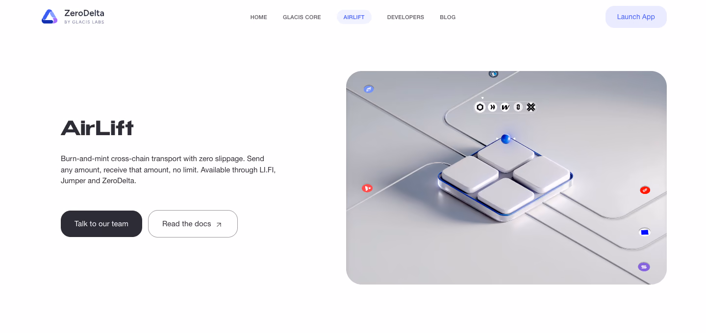Glacis Airlift marketing page: the AirLift headline, a short description and a 3D illustration of token tiles on a grid
