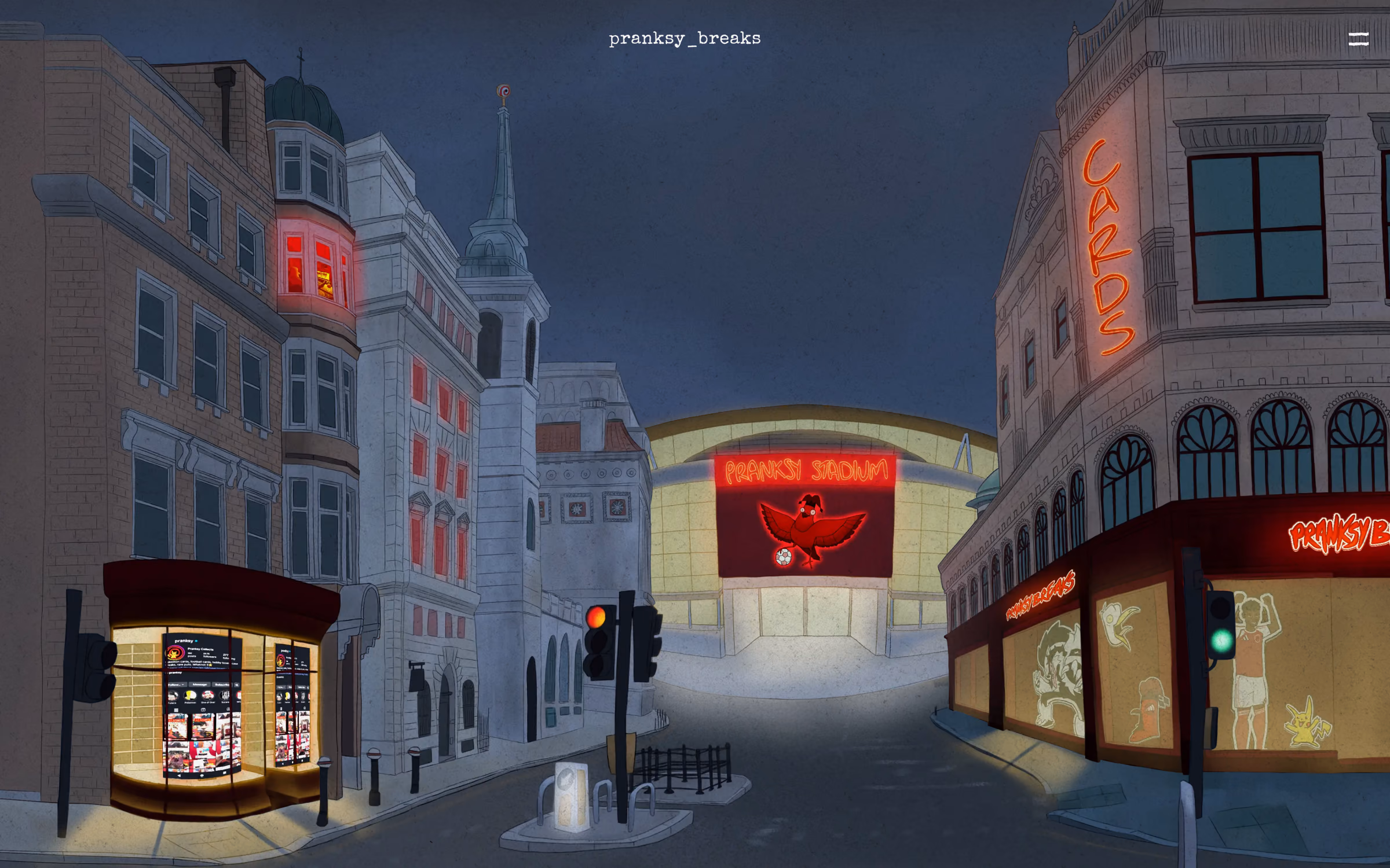 pranksybreaks.co.uk hero: an illustrated London night street with a card shop, neon signs and a stadium at the end of the road