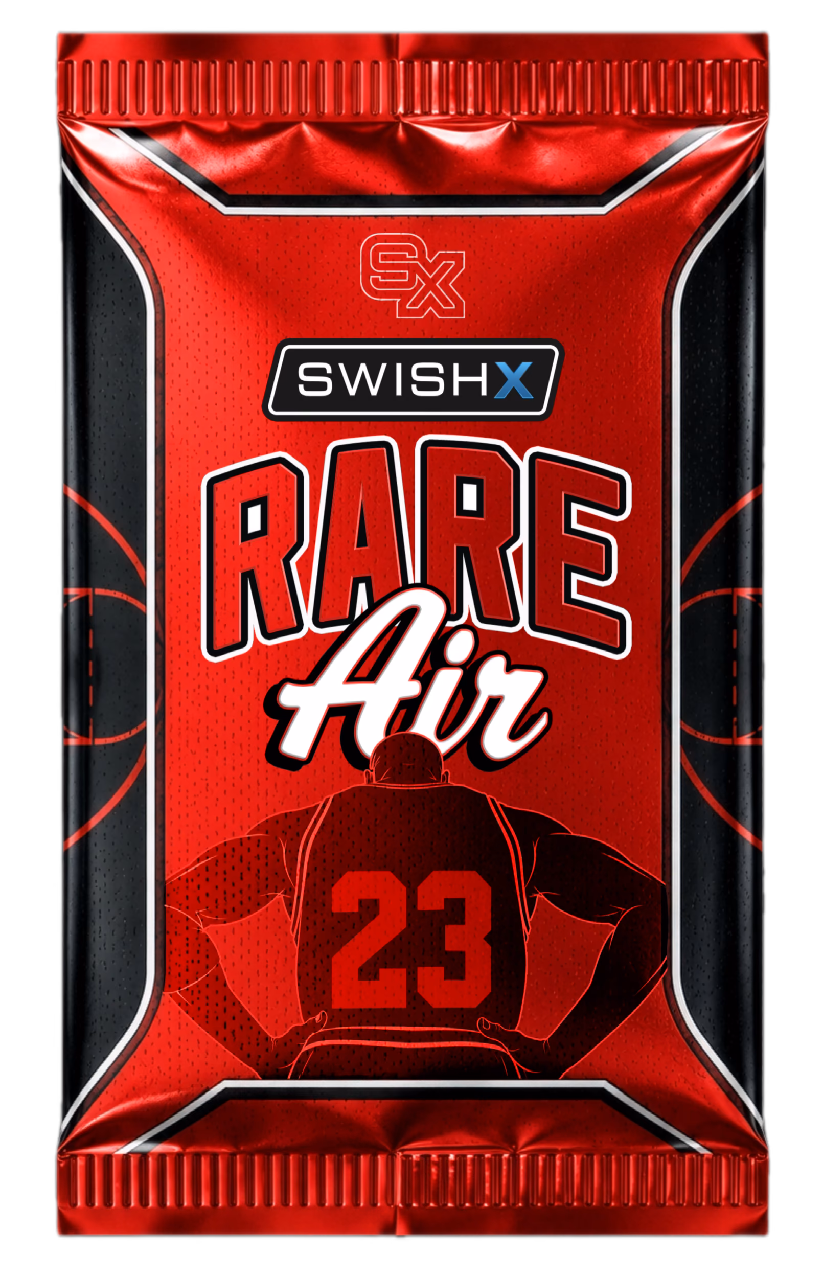 SwishX "Rare Air" basketball pack: a red foil wrapper with a player silhouette wearing number 23