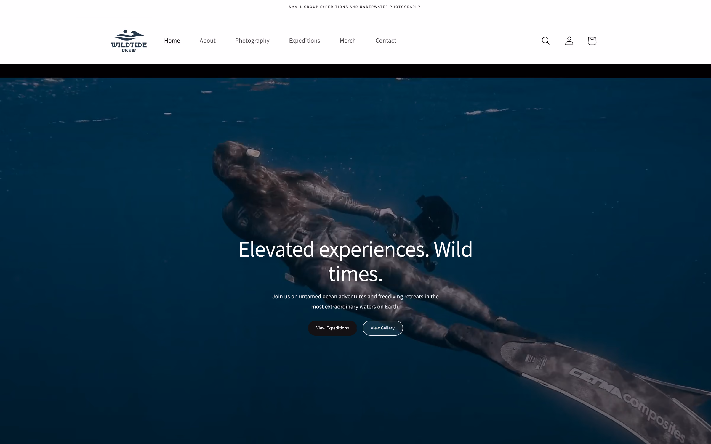 Wildtide Crew home page: a freediver gliding through blue water under the headline "Elevated experiences. Wild times."