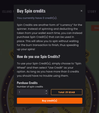 Buy spin credits dialog explaining that prepaid credits let a holder spin without waiting for a burn transaction