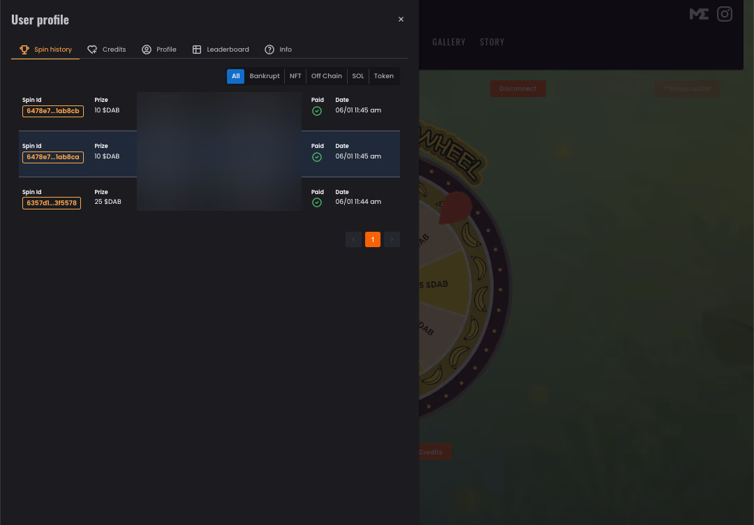 Spin history panel listing each spin, its prize and its burn and payout transactions with paid checkmarks; transaction IDs blurred