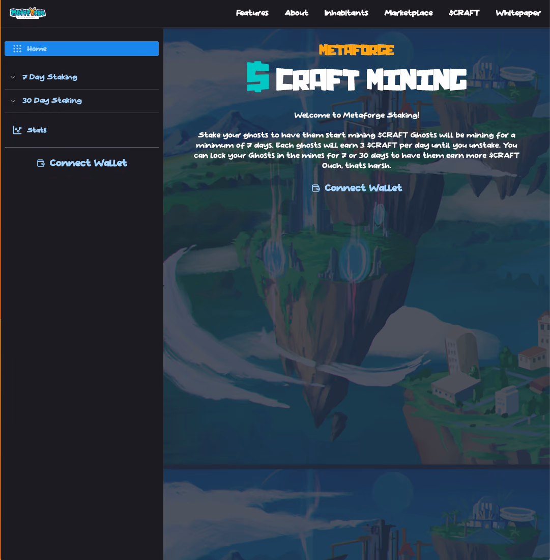 Metaforge $CRAFT Mining staking home over floating-island art, with 7-day and 30-day staking options